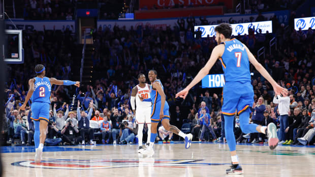 Dec 27, 2023; Oklahoma City, Oklahoma, USA; Oklahoma City Thunder forward Jalen Williams (8) celebrates after scoring a three point basket against the New York Knicks during the second half at Paycom Center.